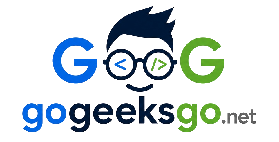 GoGeeksGo.net - a geek mascot with coding glasses between blue and green G letters